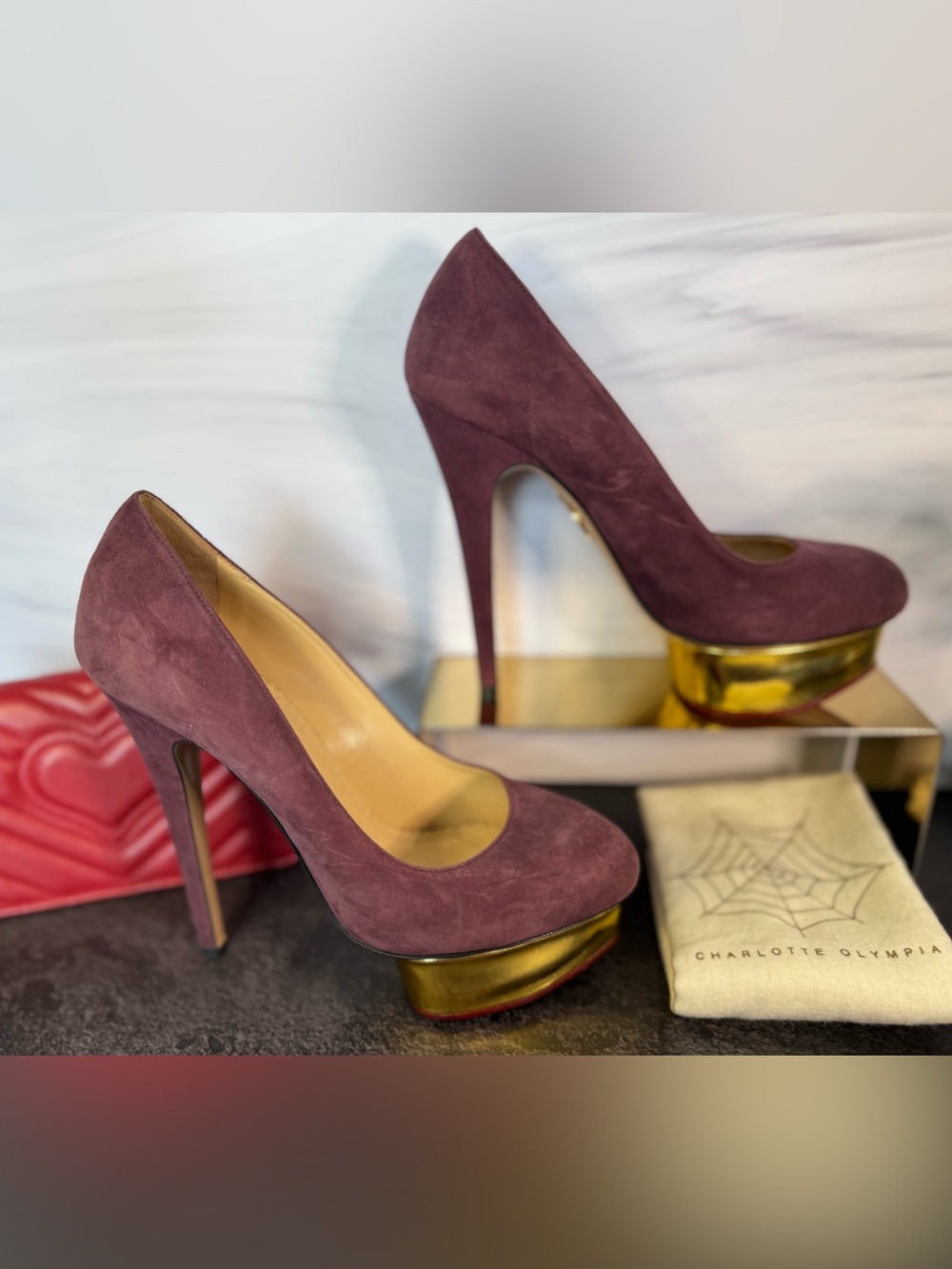 Charlotte Olympia Plum Suede & Gold Signature Platform Pumps Heels, Size 37.5
